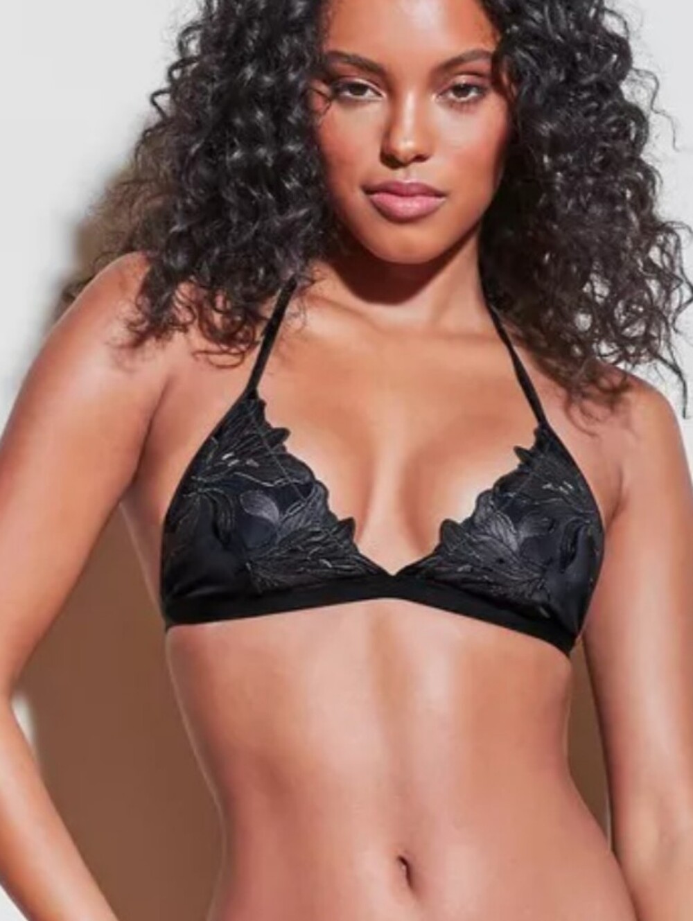 Fleur du Mal Black Lily Triangle Embroidered Lace Bikini Top Size XS